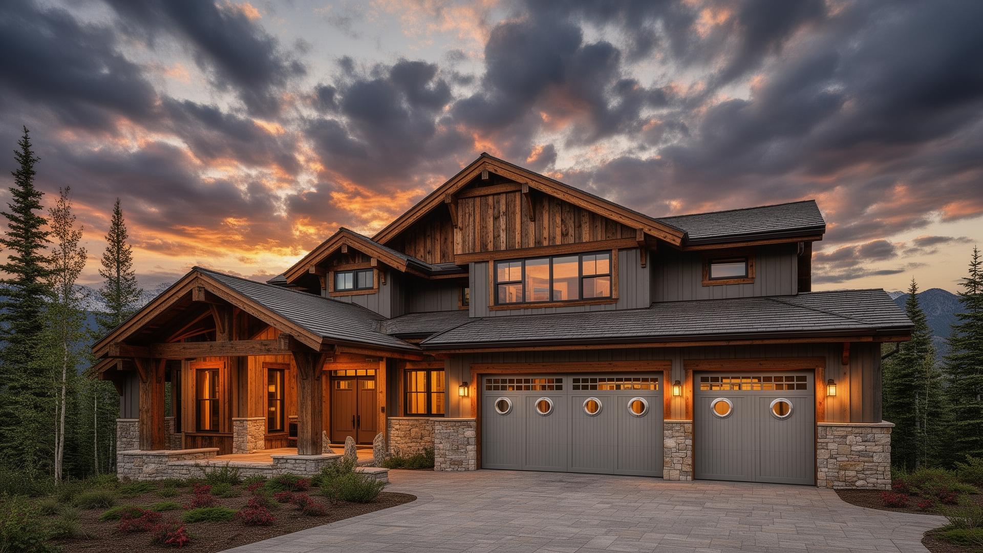 Luxury home with coastal style garage doors featuring porthole windows at sunset